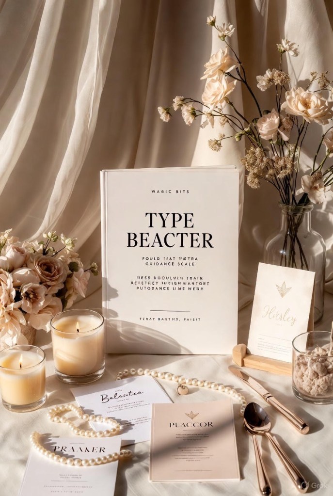 Elegant wedding planning flat lay with planner, invitations, pearls, and neutral decor
