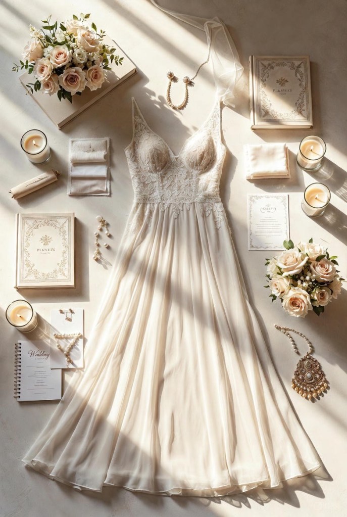 Luxury bridal fashion, wedding decor, and planning inspiration in a neutral wedding flat lay
