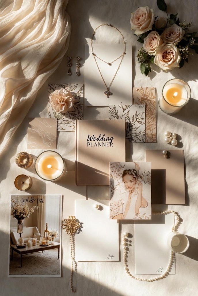 Neutral wedding decor inspiration with candles, florals, jewelry, and soft fabric textures