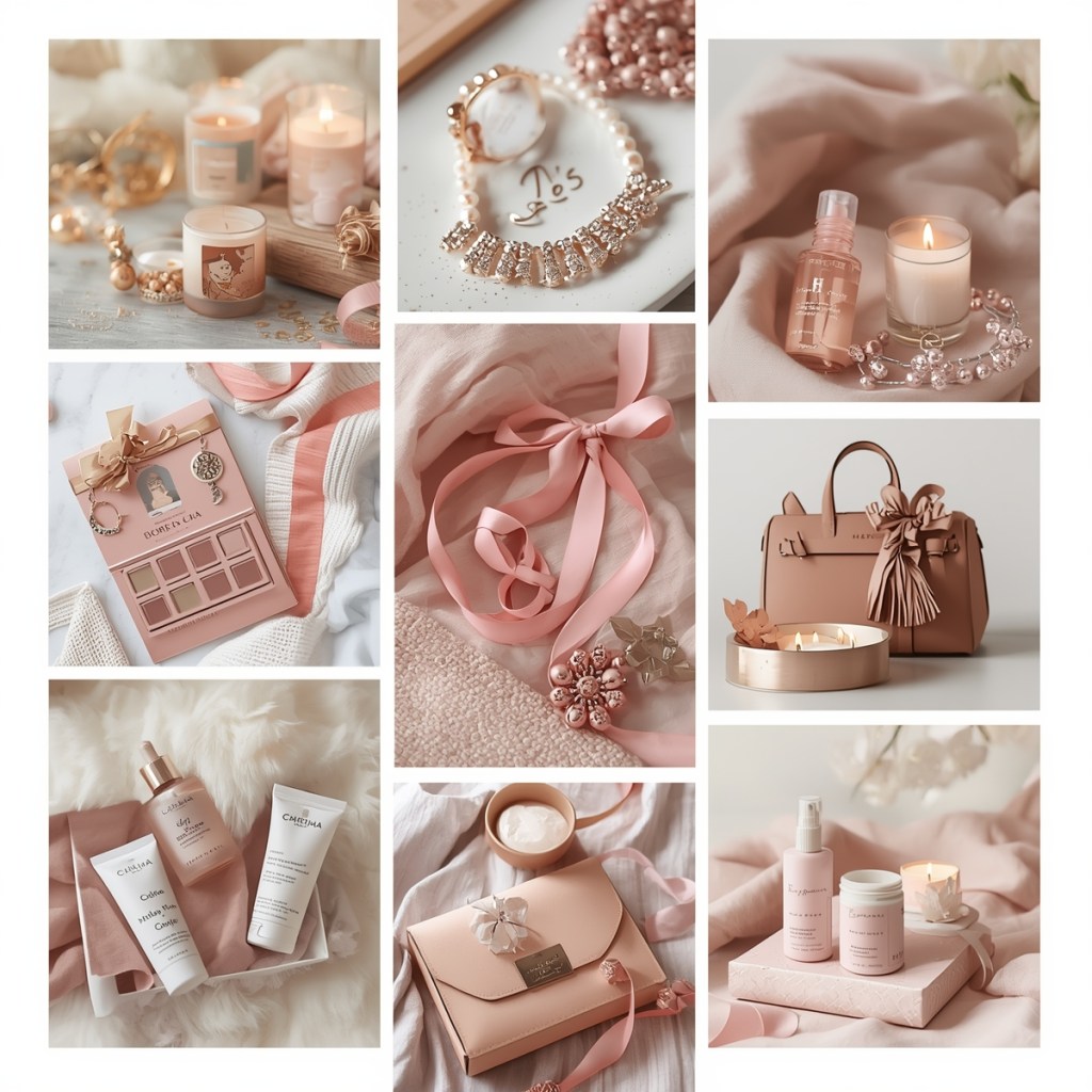 Elegant gift ideas for women including handbags, jewelry, candles, skincare and feminine accessories.