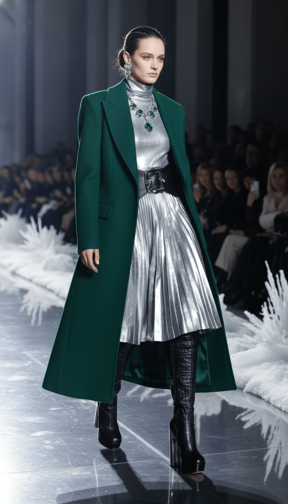 Model on runway wearing an emerald green coat with metallic skirt and statement boots, highlighting winter runway fashion.