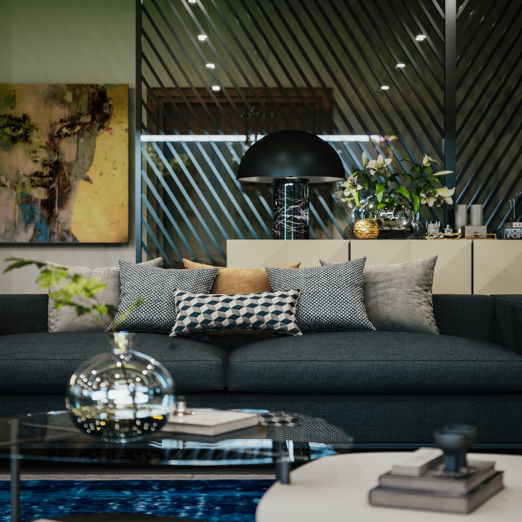 Plush sofa styled with layered cushions and cozy winter textures in a modern living room.