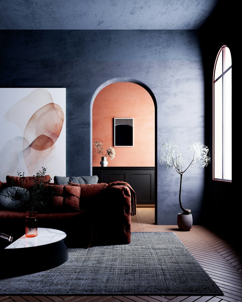 Moody accent wall in deep dramatic tones creating a bold and cozy winter living room.
