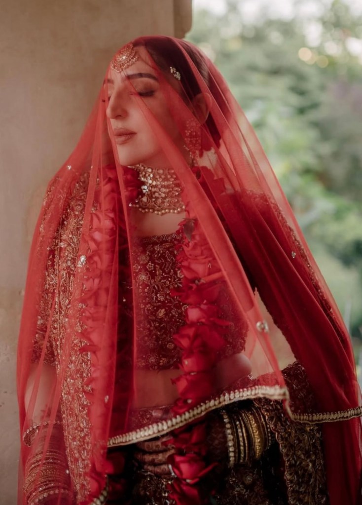 Dreamy red bridal lehenga with sheer red dupatta and heavy gold embroidery – traditional South-Asian wedding look 2025