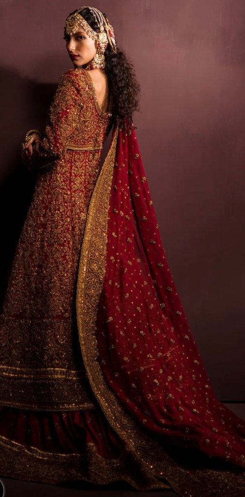 Back view of Mughal-inspired red bridal outfit with detailed gold embroidery and embellished dupatta.