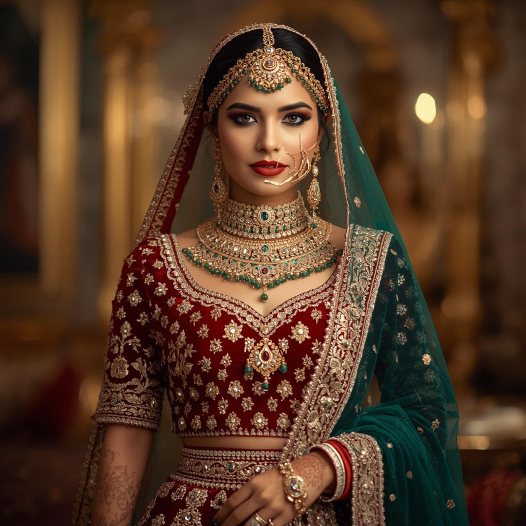Maroon and gold embroidered bridal lehenga with green dupatta and heavy kundan bridal jewelry.