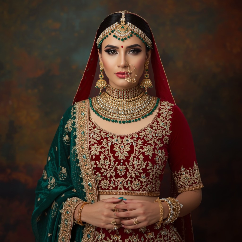 Red bridal lehenga with gold embroidery and green dupatta, styled with traditional emerald and kundan jewelry.