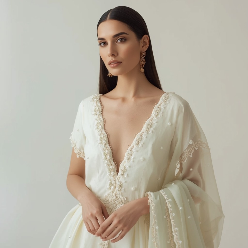 Elegant ivory bridal outfit featuring a deep neckline and pastel green drape, styled with minimal makeup.