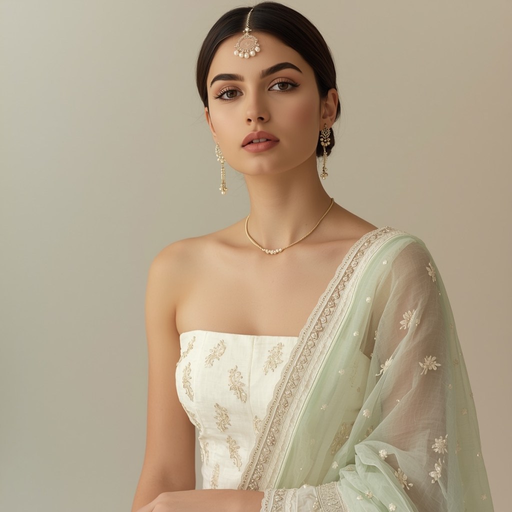 Ivory bridal dress paired with a soft mint-green dupatta and subtle jewellery, perfect for a light and airy wedding aesthetic.