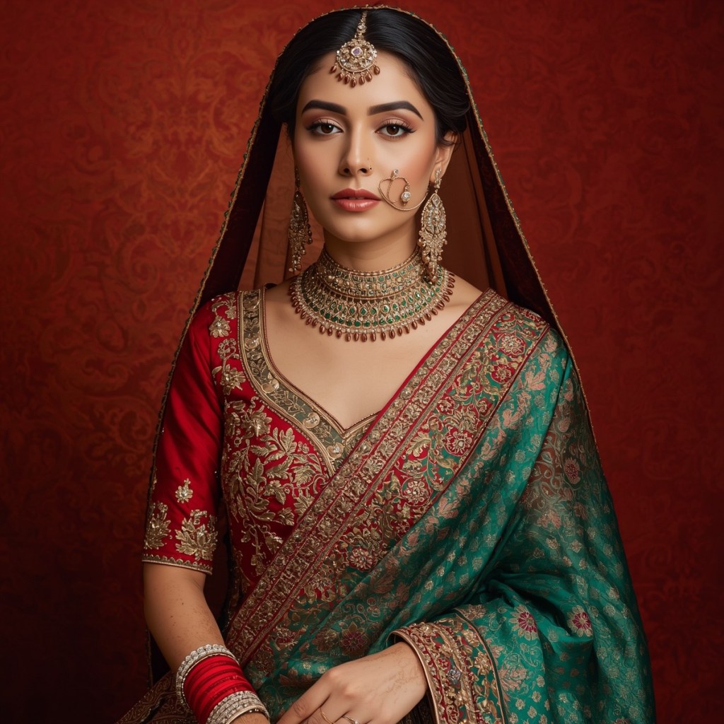 Red bridal lehenga with teal dupatta, heavy gold embroidery, and kundan bridal jewellery.