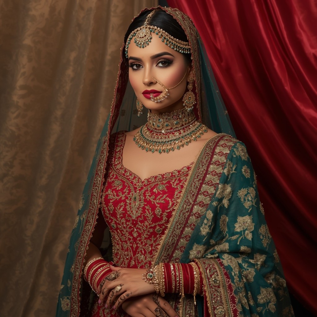 Bride in red and teal embroidered lehenga adorned with green stone jewellery and traditional makeup.