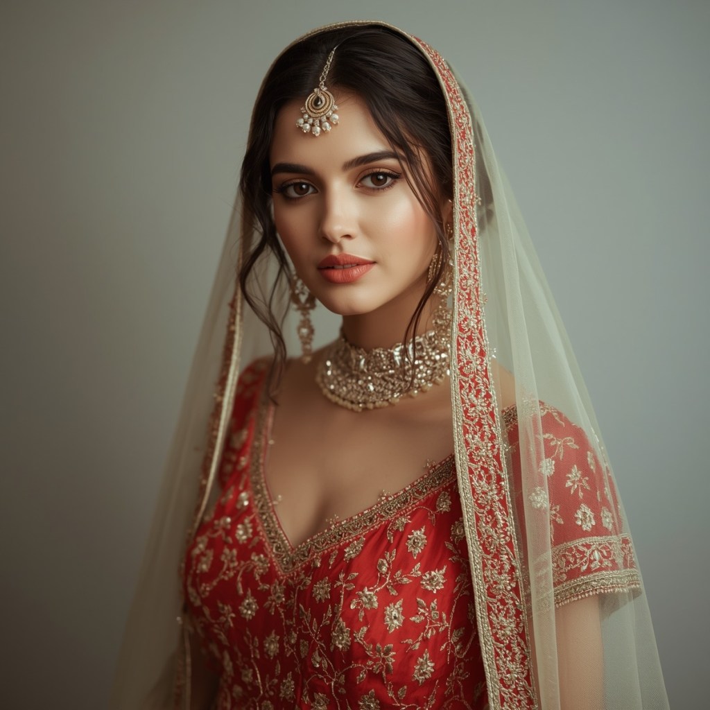Bridal portrait of a woman in a red lehenga with gold detailing, styled with a sheer ivory dupatta and heavy silver bridal jewellery.