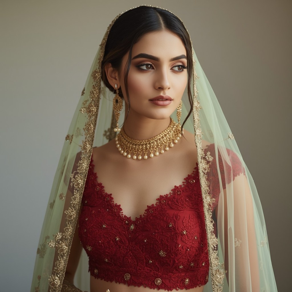 Bride wearing a deep red embroidered blouse with a mint green dupatta and pearl kundan choker, creating a soft yet regal bridal look.