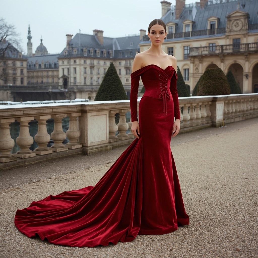 Stunning portrait of a woman in a rich red couture ball gown with a sweeping train, photographed against the magnificent facade of a historic palace during twilight.