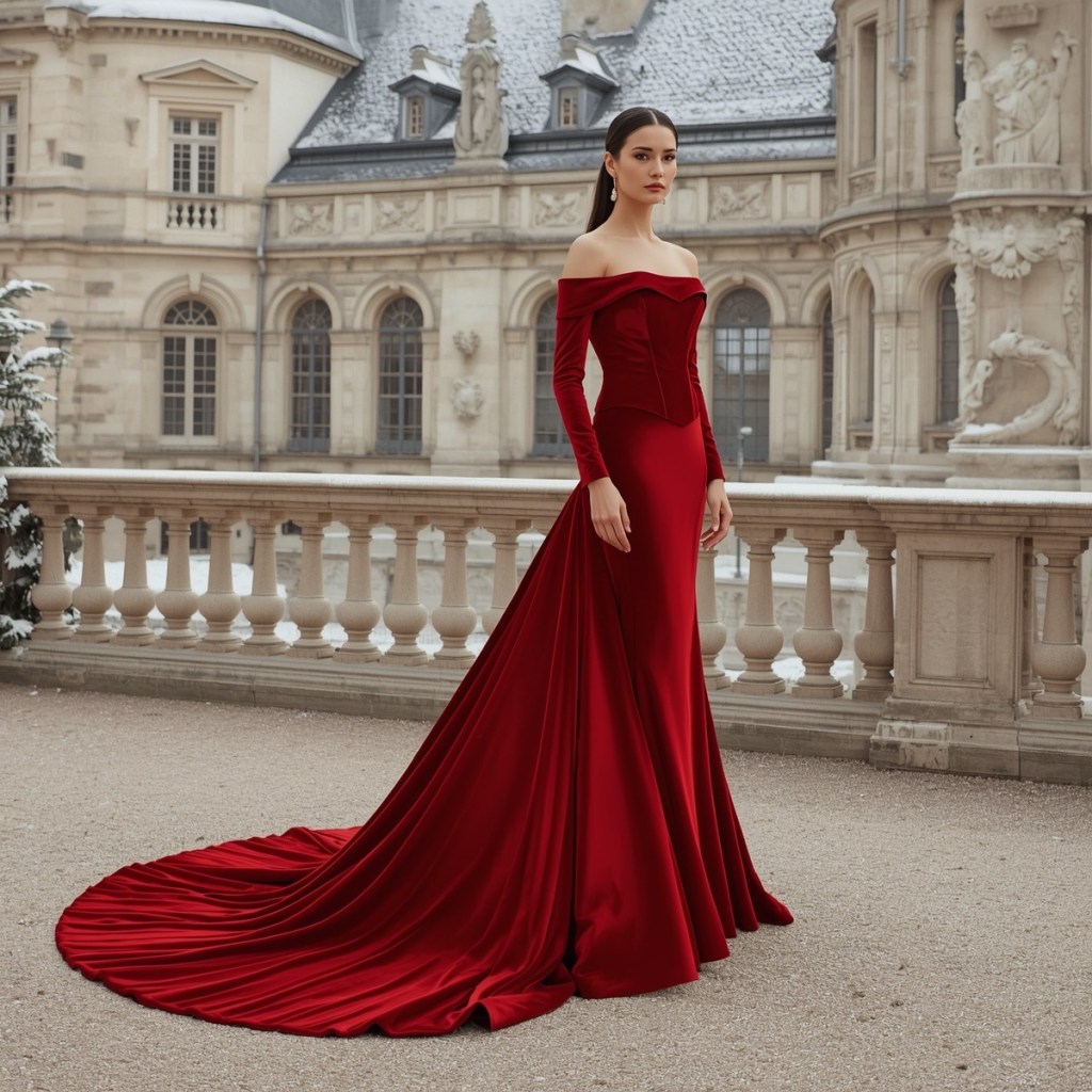 Bride wearing a deep red off-shoulder velvet wedding gown with a long flowing train, photographed in a historic snowy courtyard.