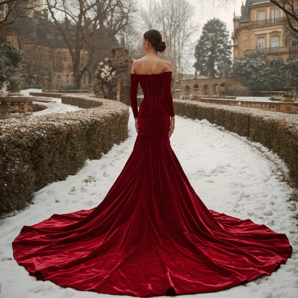 Bride wearing a deep red velvet off-the-shoulder wedding gown with a long dramatic train, photographed in a European winter garden setting.
