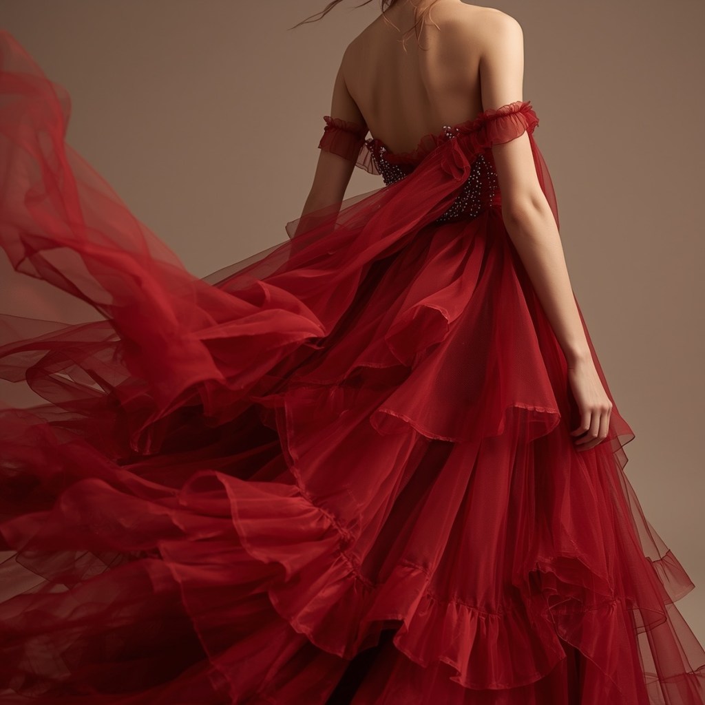 Back view of a ruby-red off-shoulder tulle gown with ruffled layers, highlighting the gown’s romantic texture and elegant movement.