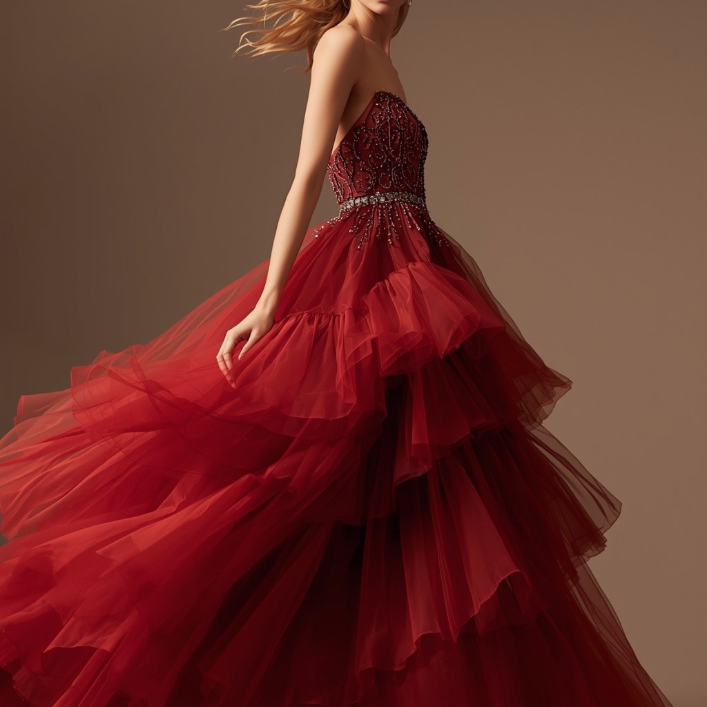 Flowing ruby-red tulle ball gown with cascading layers captured in motion, showcasing its dramatic volume and couture craftsmanship.