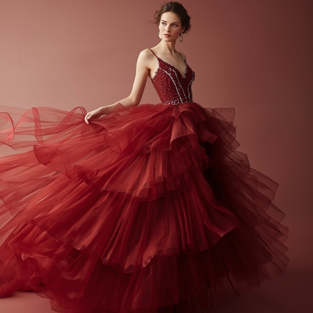 Off-shoulder ruby tulle ball gown featuring cascading layers and soft 3D detailing, captured in a couture motion shot.