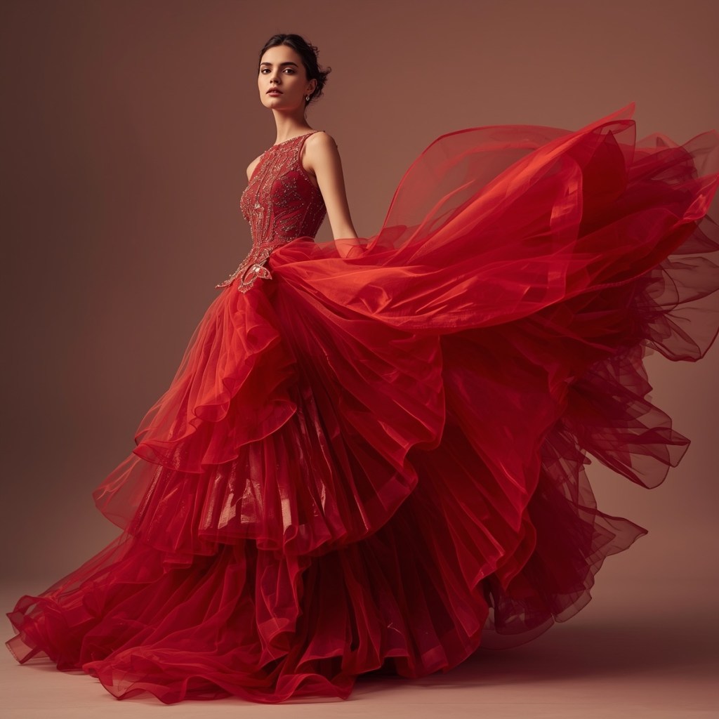 Ruby red layered tulle ball gown with an embellished bodice, photographed in dynamic movement.
