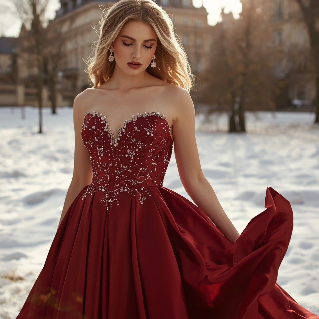 Bride wearing a strapless ruby-red gown with crystal embroidery, standing in a snowy outdoor setting with soft winter light.