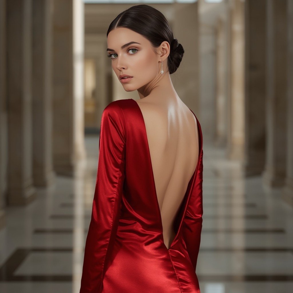 A ruby satin bridal gown showcasing an elegant low-back silhouette, styled with minimal jewelry for a refined, contemporary finish.