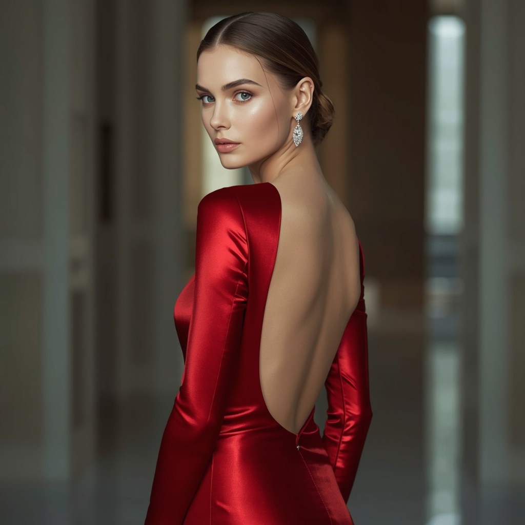 A sleek ruby satin bridal gown with a deep open back, captured indoors with soft lighting for a modern, luxurious look.