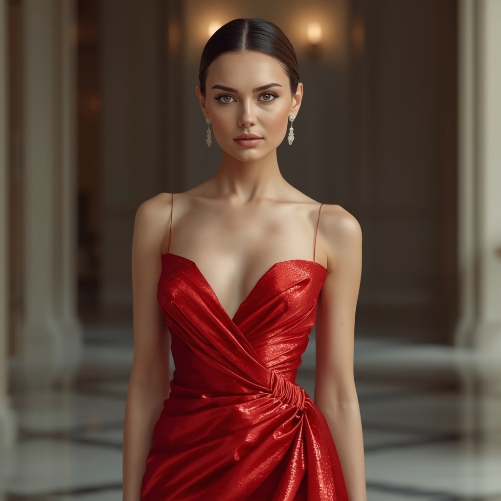 Front view of a minimalist red satin slip gown with thin straps and ruched draping, photographed in an elegant indoor setting.