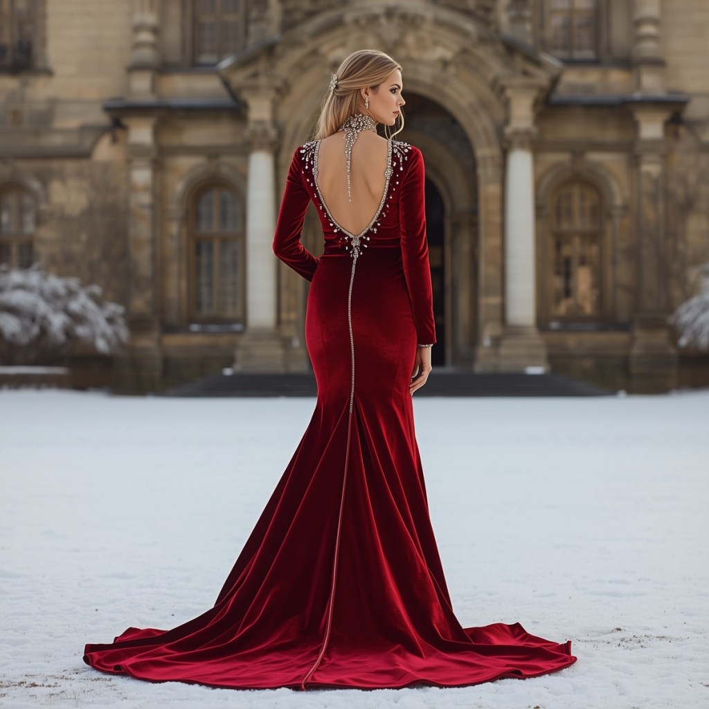 A full-length burgundy velvet wedding gown featuring detailed back embroidery, styled against a castle-like winter backdrop.