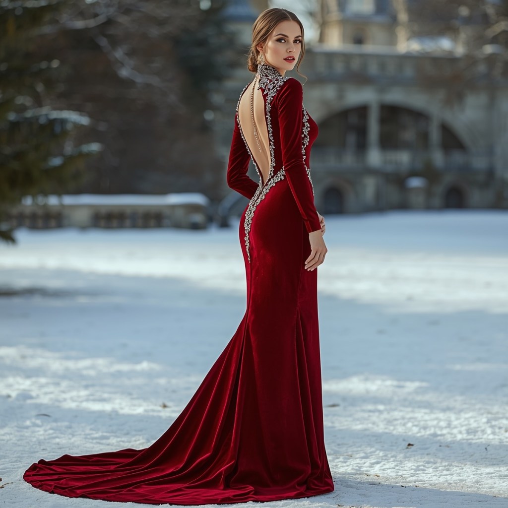 A burgundy velvet bridal gown with an embellished open back, photographed in a snowy outdoor setting for a winter bridal look.