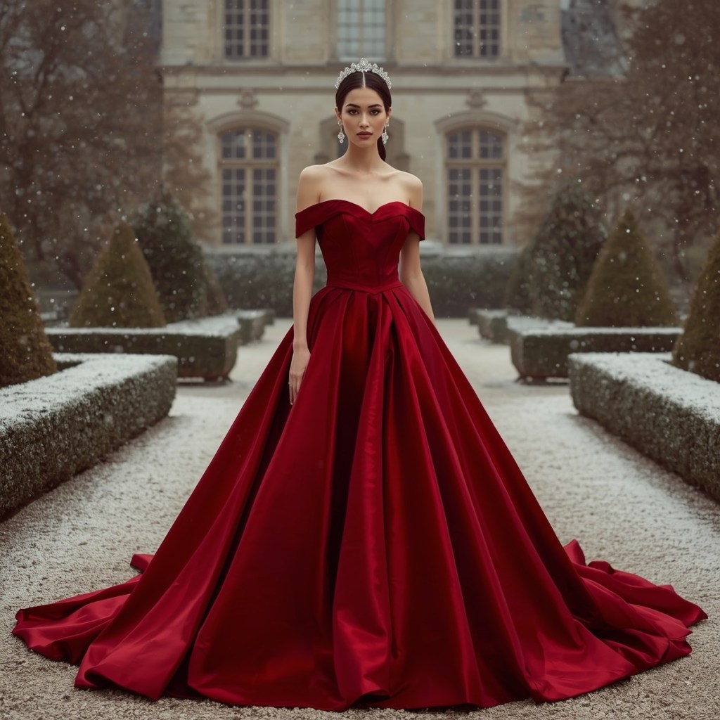 A structured ruby satin ball gown with an off-shoulder neckline and tiara, styled in a winter palace courtyard.