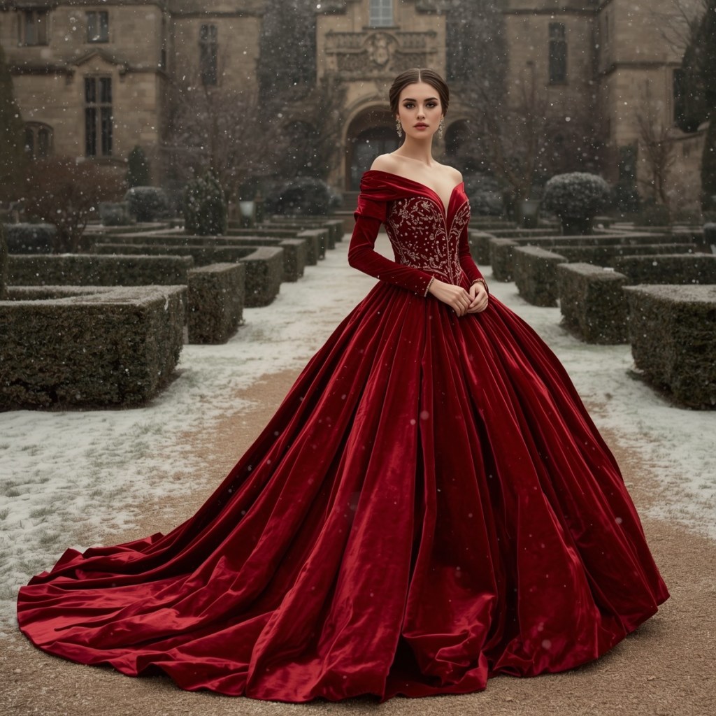 A richly embroidered ruby-red ball gown with an off-shoulder neckline, photographed in a snowy formal garden.