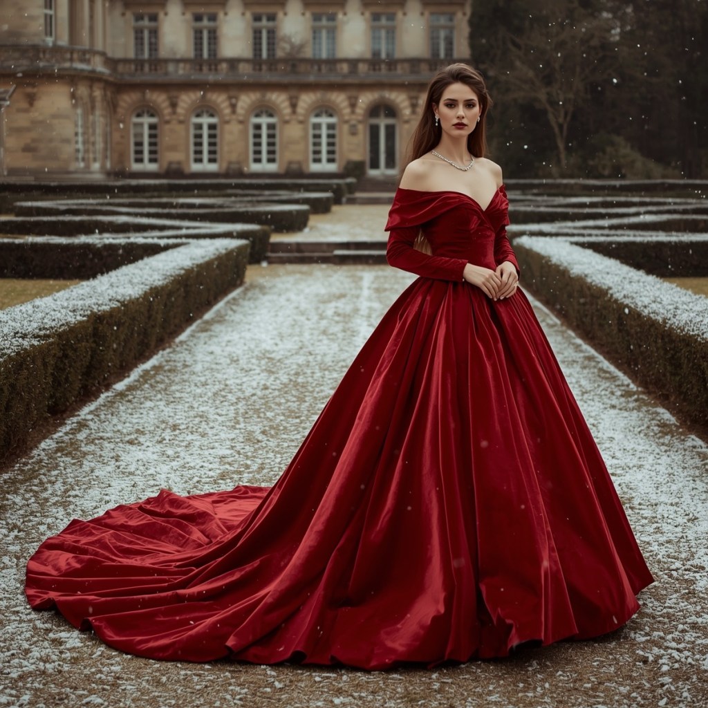 A deep ruby off-shoulder velvet ball gown with long sleeves and a dramatic train, photographed in a snowy European garden.