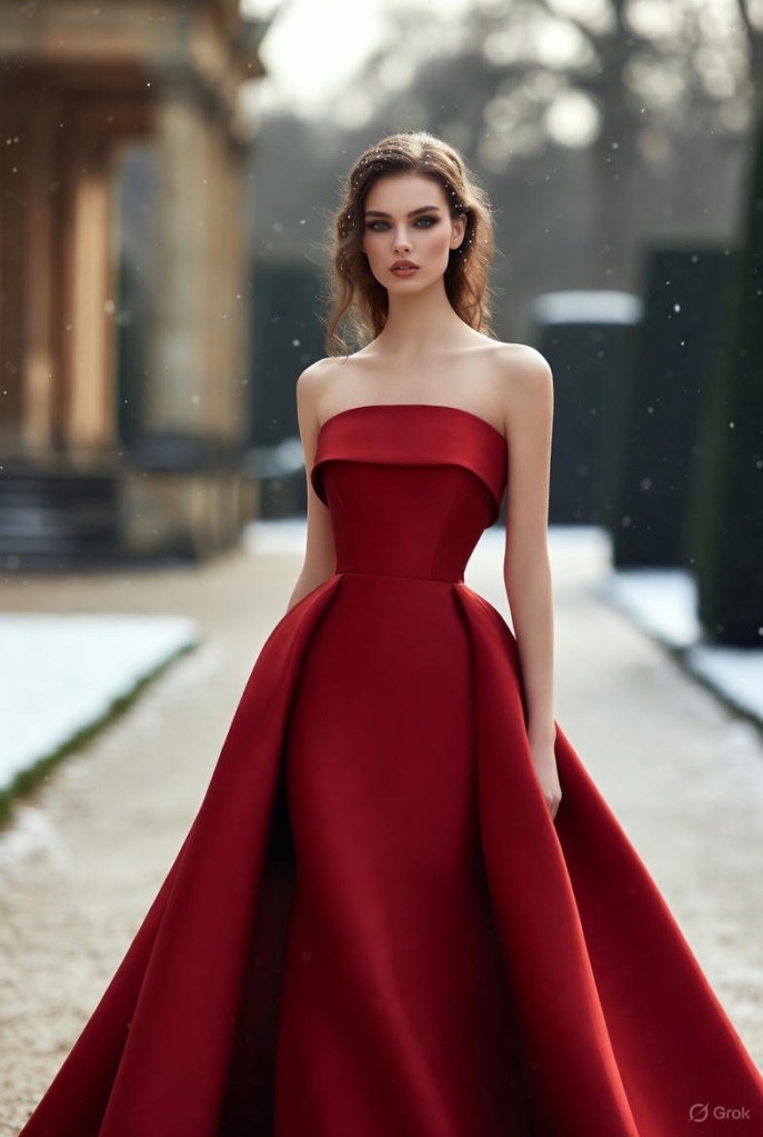 A woman in a majestic, off-the-shoulder red gown with a tiered ballgown skirt, posing in the snow in front of a chateau.