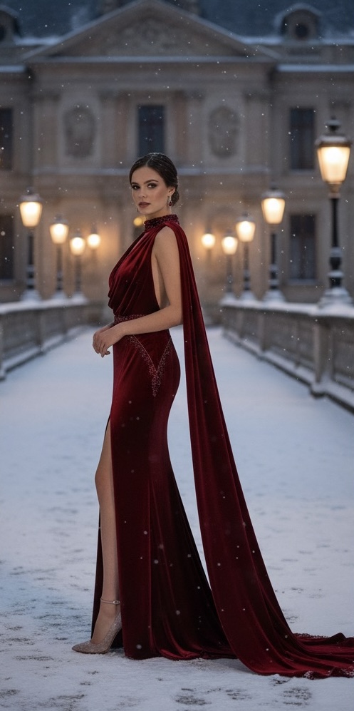 A rear view of a deep red velvet column gown showing an open back, a dramatic flowing cape, and a high neckline, with the model holding a bouquet in the snow.