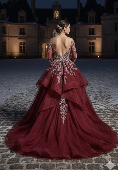 Full-length view of a woman wearing a voluminous red silk tulle bridal gown, featuring an intricately embellished sweetheart neckline and a full skirt.