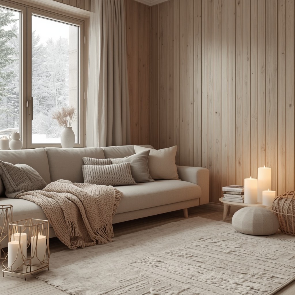 Neutral living room with a beige sofa, layered throws, and wood panel wall showcasing winter 2026 texture trends.
