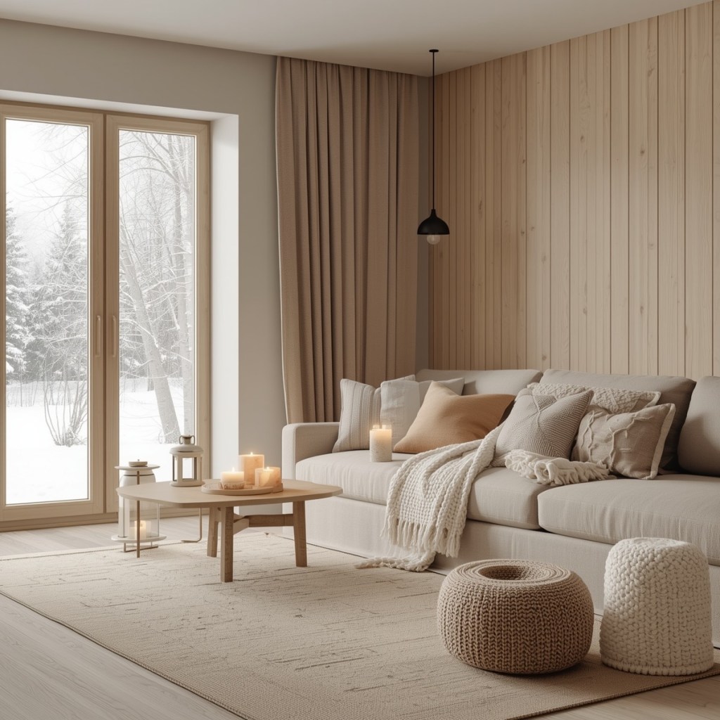 Minimalist winter living room with a beige sofa, layered neutral cushions, candles, and a snowy outdoor view.
