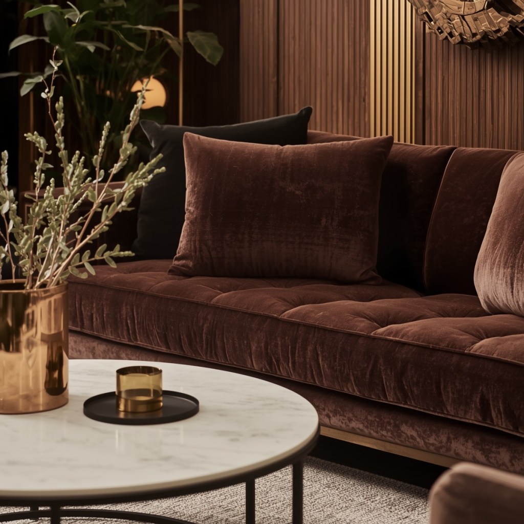 Rich brown velvet sofa styled with warm metallic accents and textured winter fabrics for a luxurious seasonal look.
