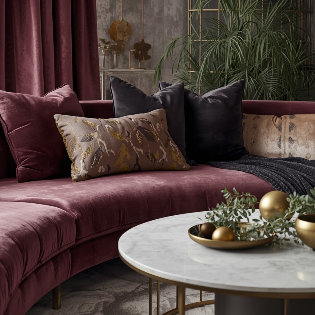 Luxe winter living room with a burgundy velvet sofa, gold accents, and layered jewel-tone cushions.