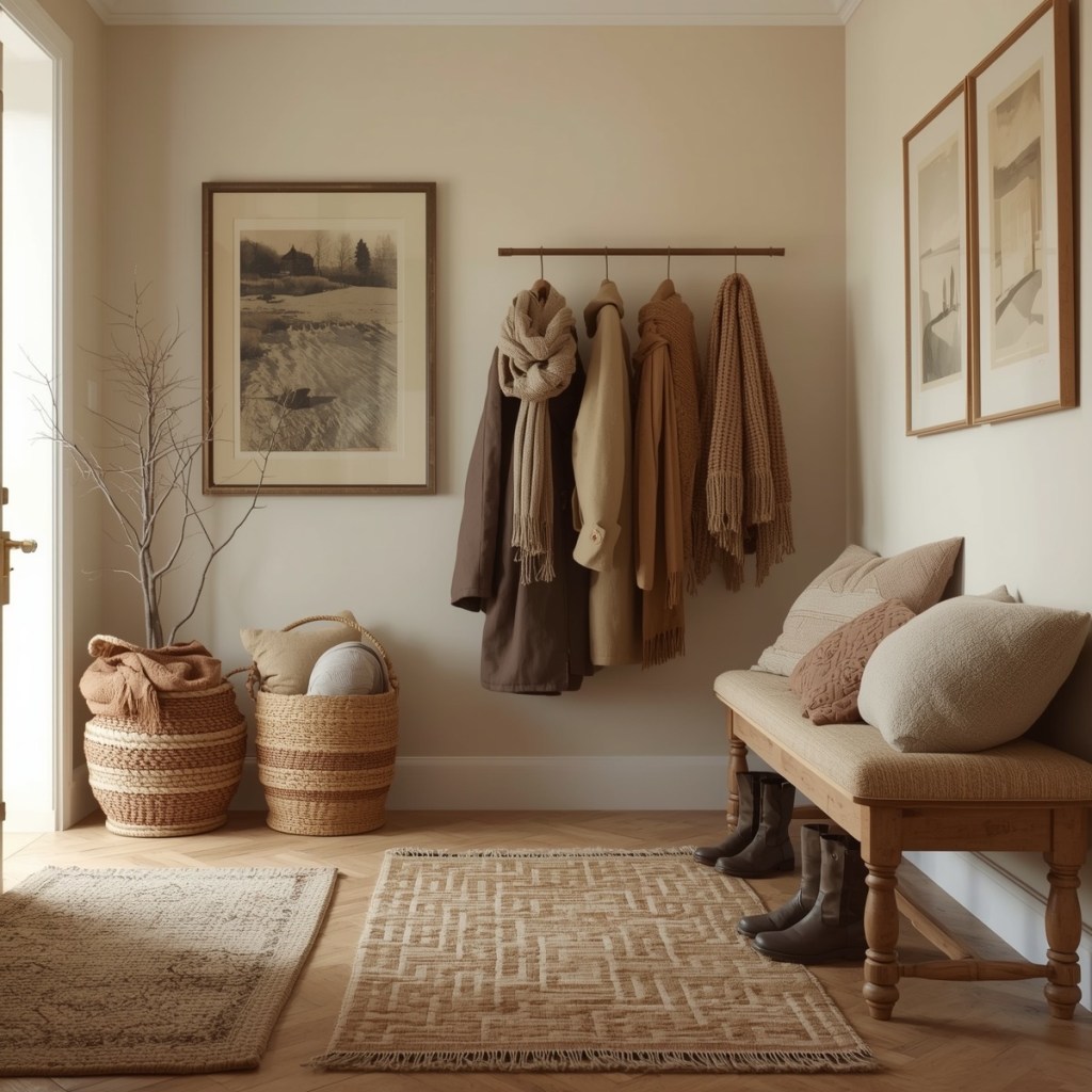 Cozy winter entryway with woven baskets, neutral rugs, wooden bench, and warm-toned coats.