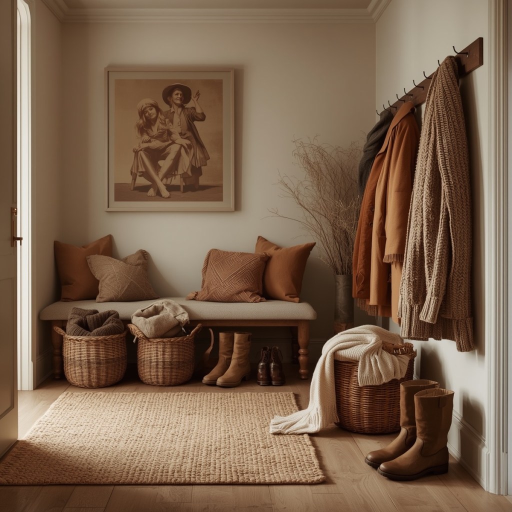 Warm winter entryway styled with coat hooks, baskets, soft lighting, and seasonal neutral decor.