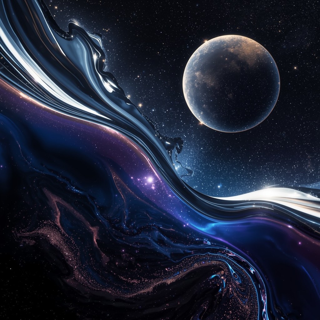 Space-inspired Extra Celestial design featuring metallic fluid forms and celestial planetary elements