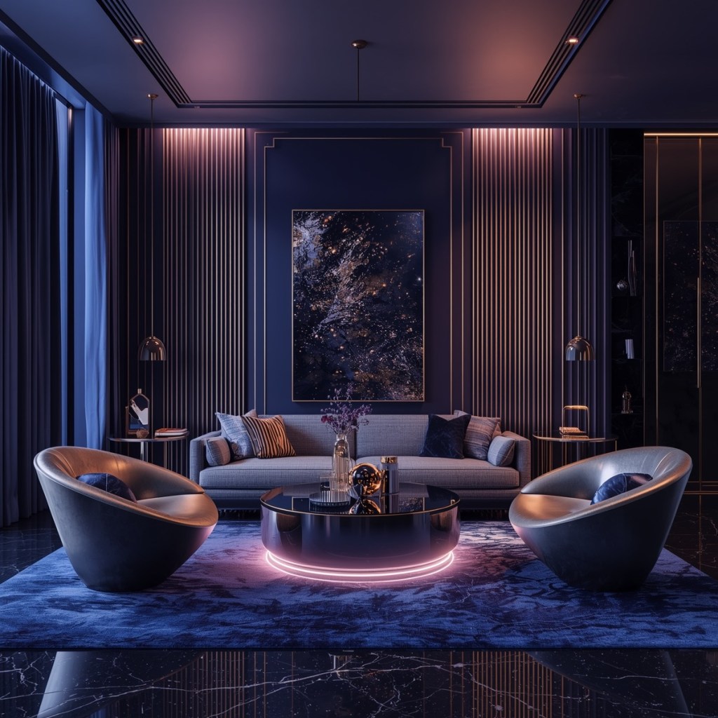 Space-inspired luxury home decor with dark metallic finishes, sculptural seating, and atmospheric lighting
