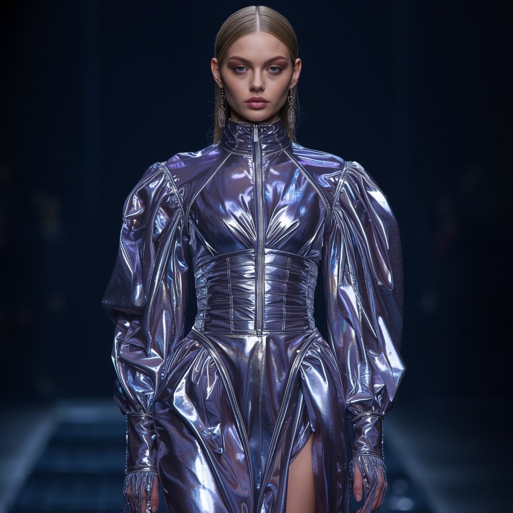 Extra Celestial high-fashion look with chrome metallic fabric, sleek tailoring, and futuristic silhouette

