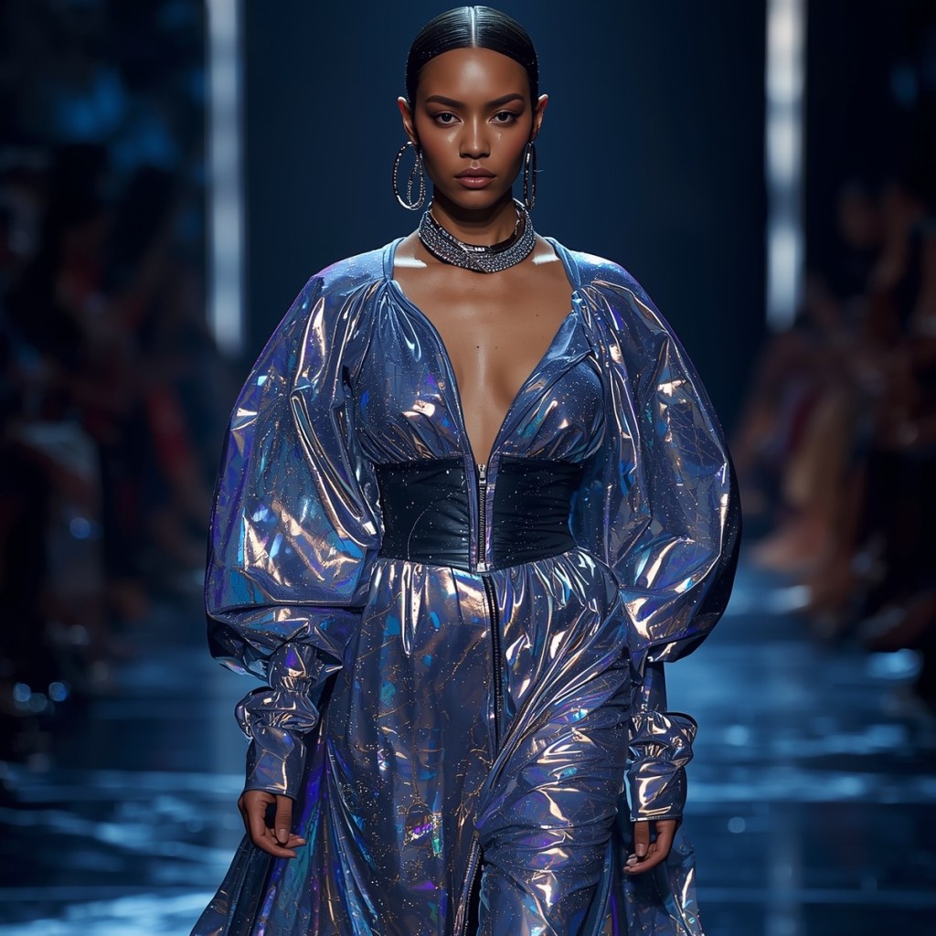 Futuristic metallic blue fashion look with structured silhouette and satin-shine liquid metal fabric