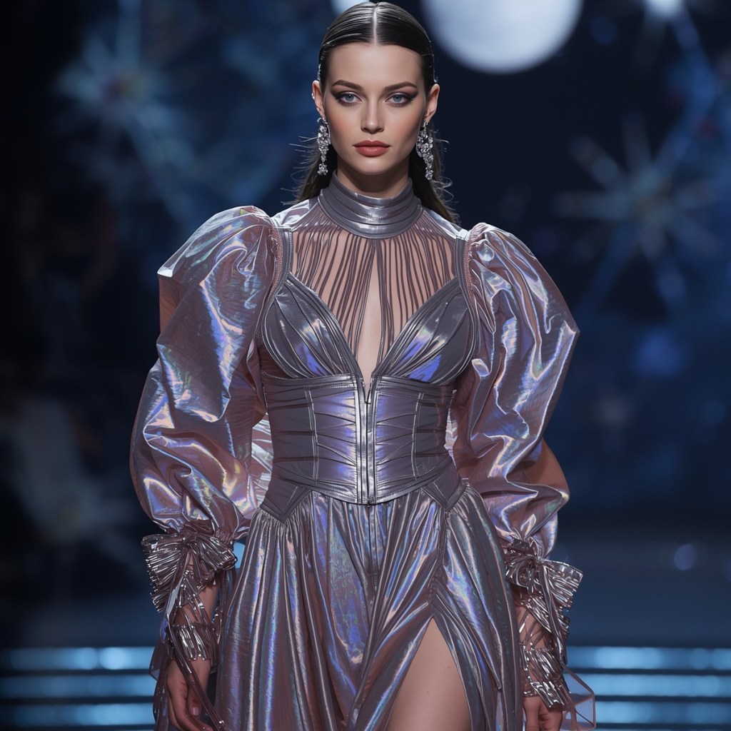 Extra Celestial runway fashion featuring metallic silver gown with corset structure and iridescent liquid fabric
