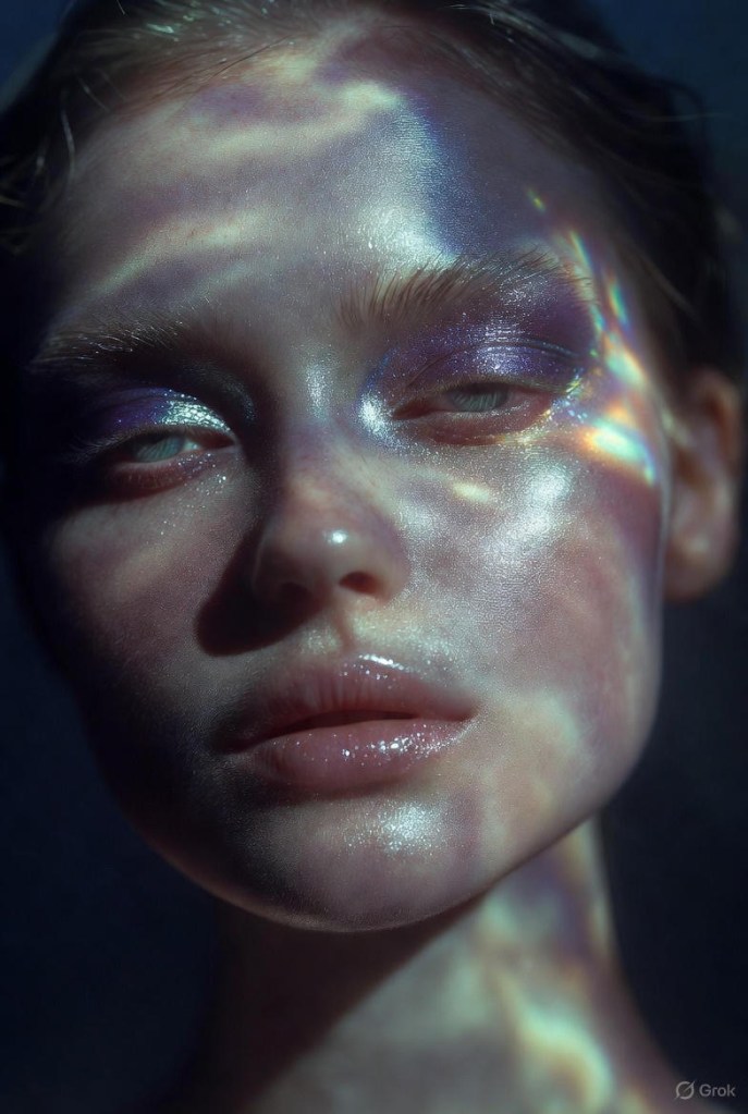 Extra Celestial makeup trend with glowing starlight skin, holographic highlights, and soft deep-space lips