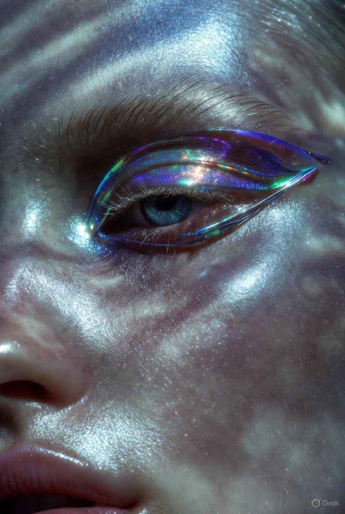 Close-up of chrome eyelids with holographic cosmic liner and luminous futuristic makeup finish