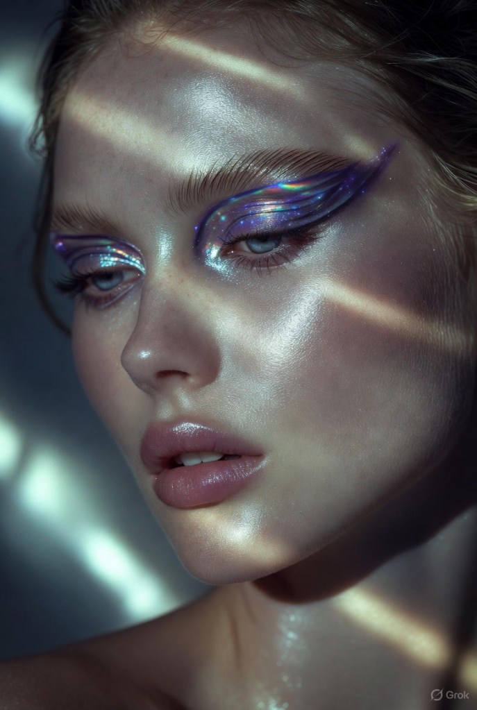Extra Celestial beauty look with glossy glass-like skin, iridescent eyeshadow, and cosmic-inspired eyeliner
